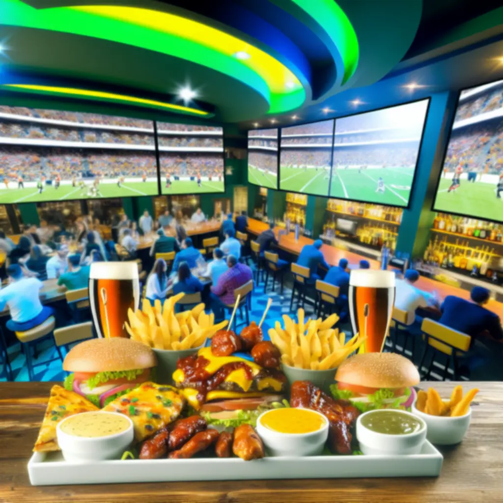 Stół pełen barowych przekąsek i burgerów przygotowanych na mecz