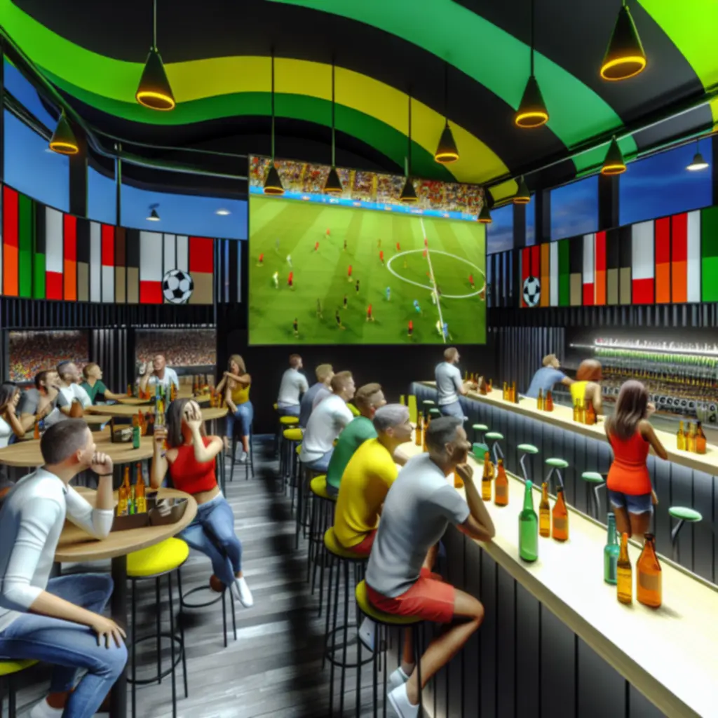 Wnętrze sportowego pubu NORD STAR z kibicami oglądającymi mecz na dużych ekranach