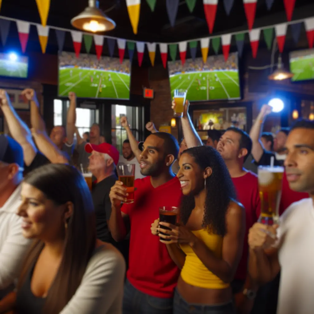 Rozemocjonowani kibice swietujący gola w sportowym pubie NORD STAR