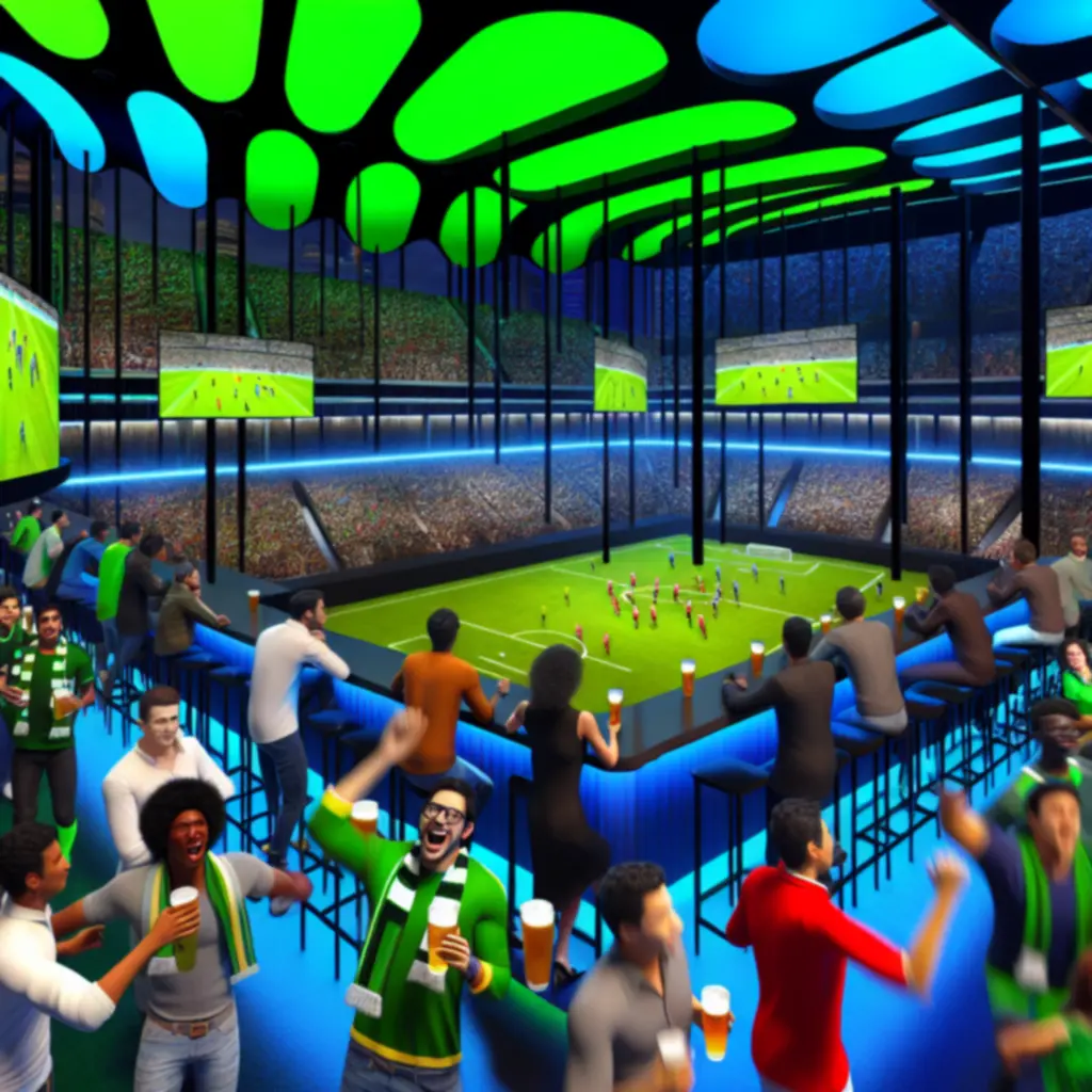 Tłum kibiców świętujących bramkę w sportowym barze