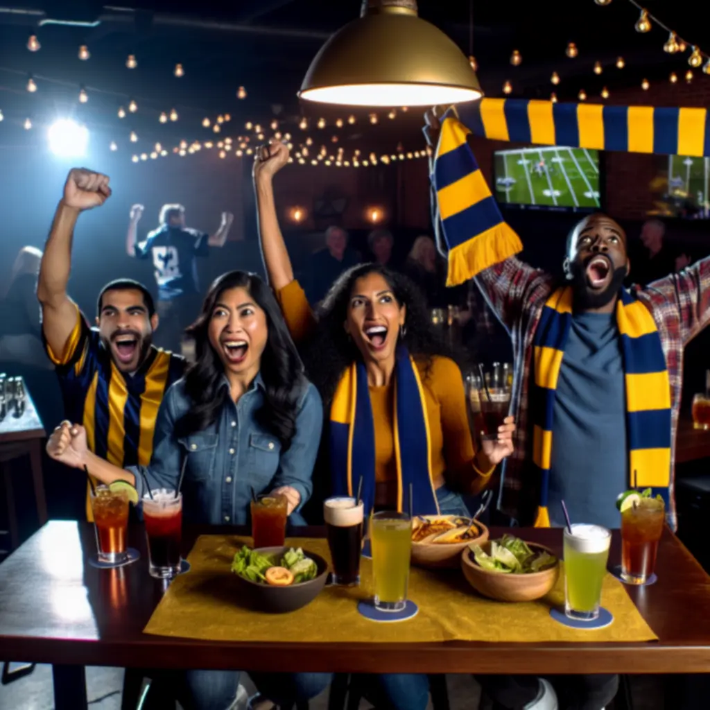 Galeria fanów w NORD STAR swietujących gole przy zarezerwowanych stolikach.