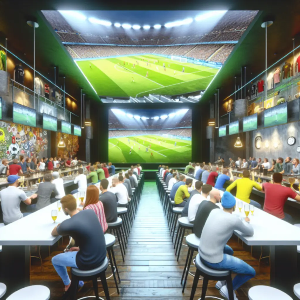 Duży ekran z transmisją meczu w nowoczesnym sport barze