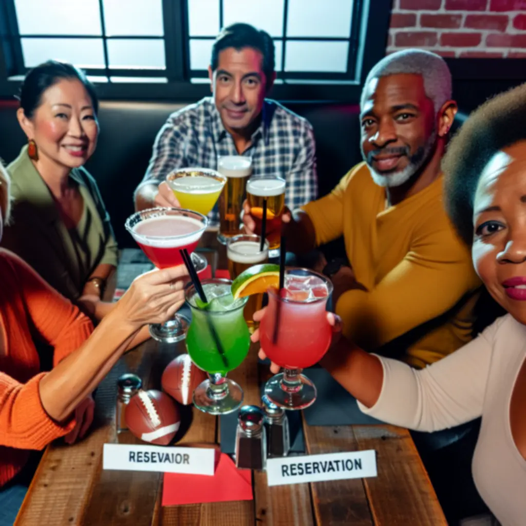 Grupa kibiców z kolorowymi drinkami podczas meczu