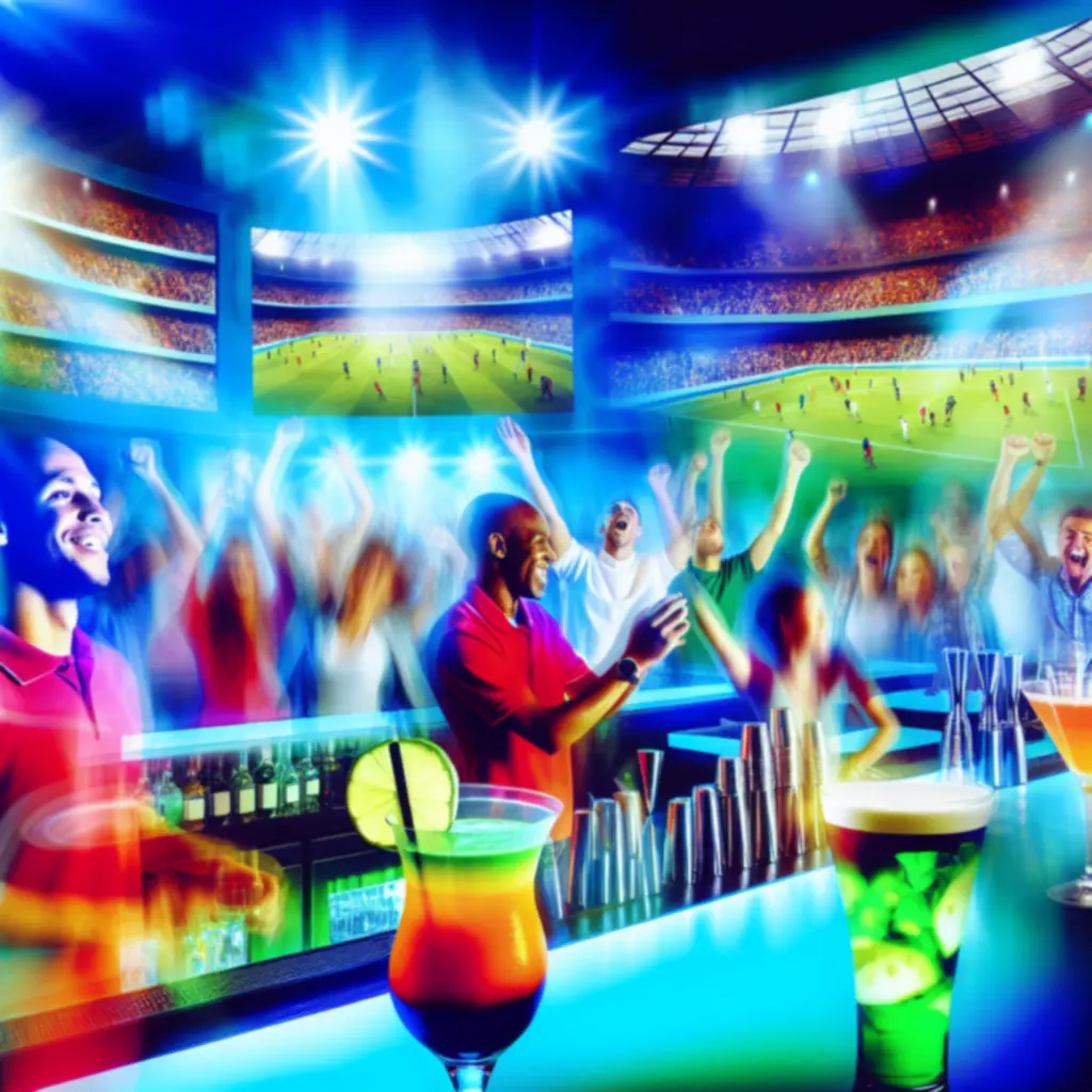 Podświetlony bar z kolorowymi drinkami w sportowym klimacie