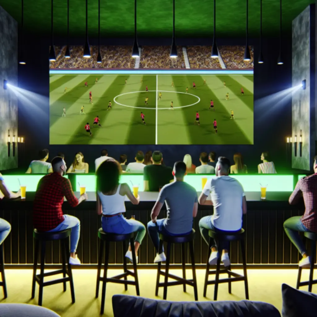 Ekspresyjni kibice oglądający mecz piłki nożnej na dużym ekranie