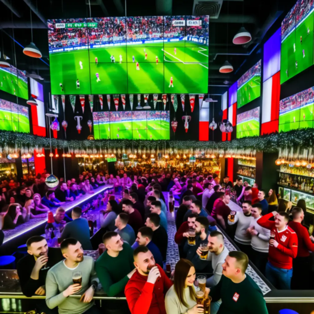 Tłum kibiców świętujących gola w nowoczesnym sport barze
