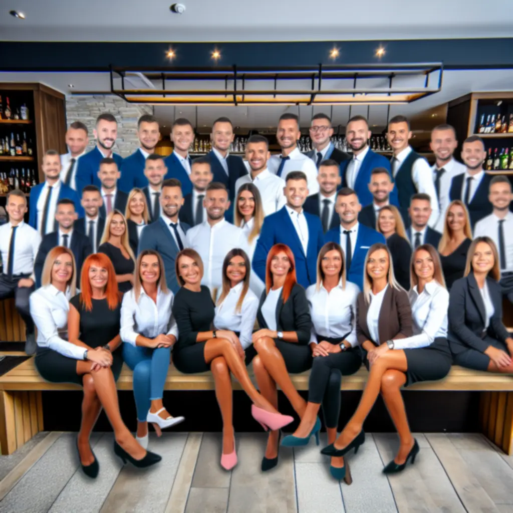 Zespoł NORD STAR – uśmiechnita obsługa sportowego pubu pozująca razem jak drużyna